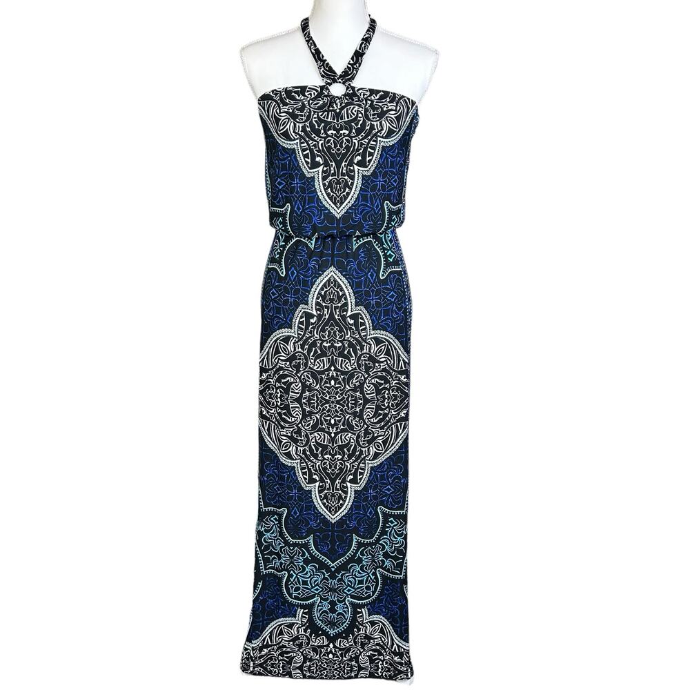 White House Black Market Halter Dress Size XXS Blue White Coastal Resort  Maxi
